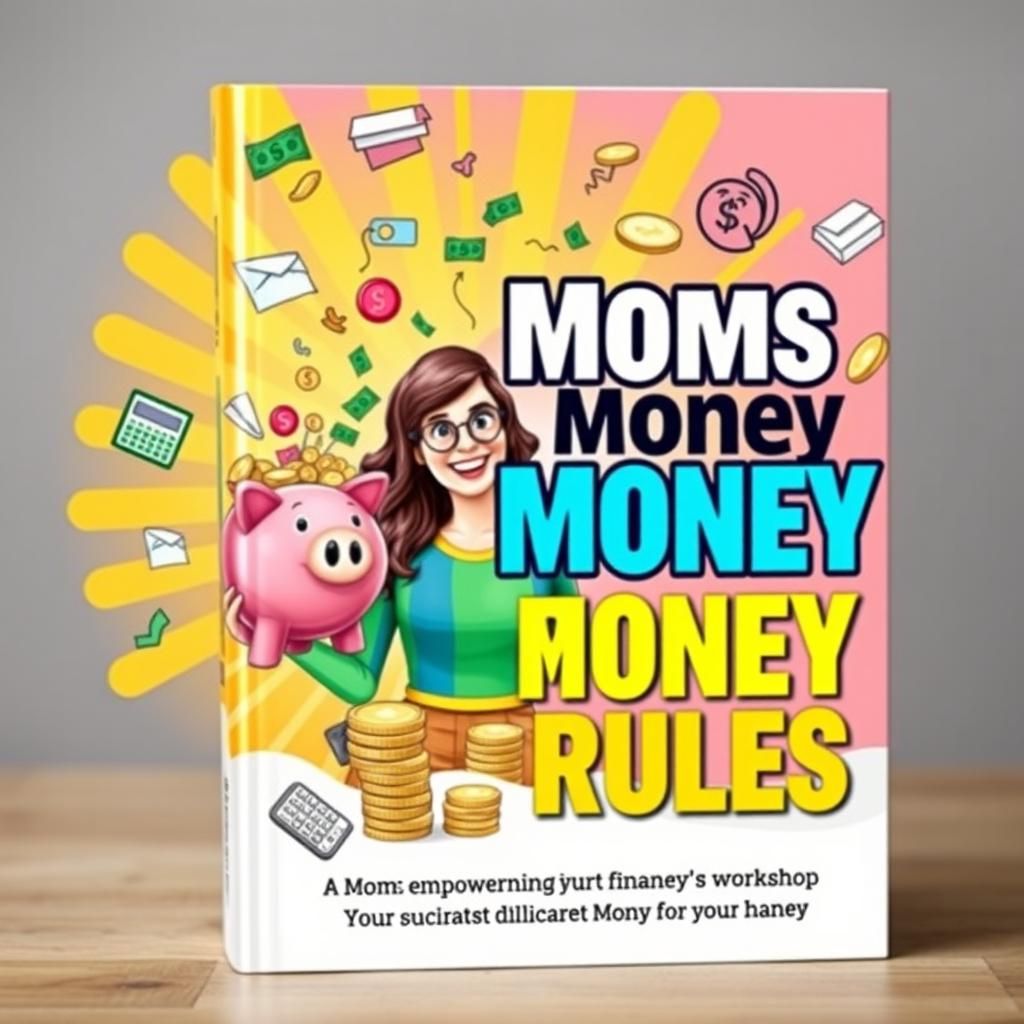 A beautifully designed book cover showcasing a dynamic and colorful scene featuring a cheerful mom engaging with her kids in a creative financial workshop