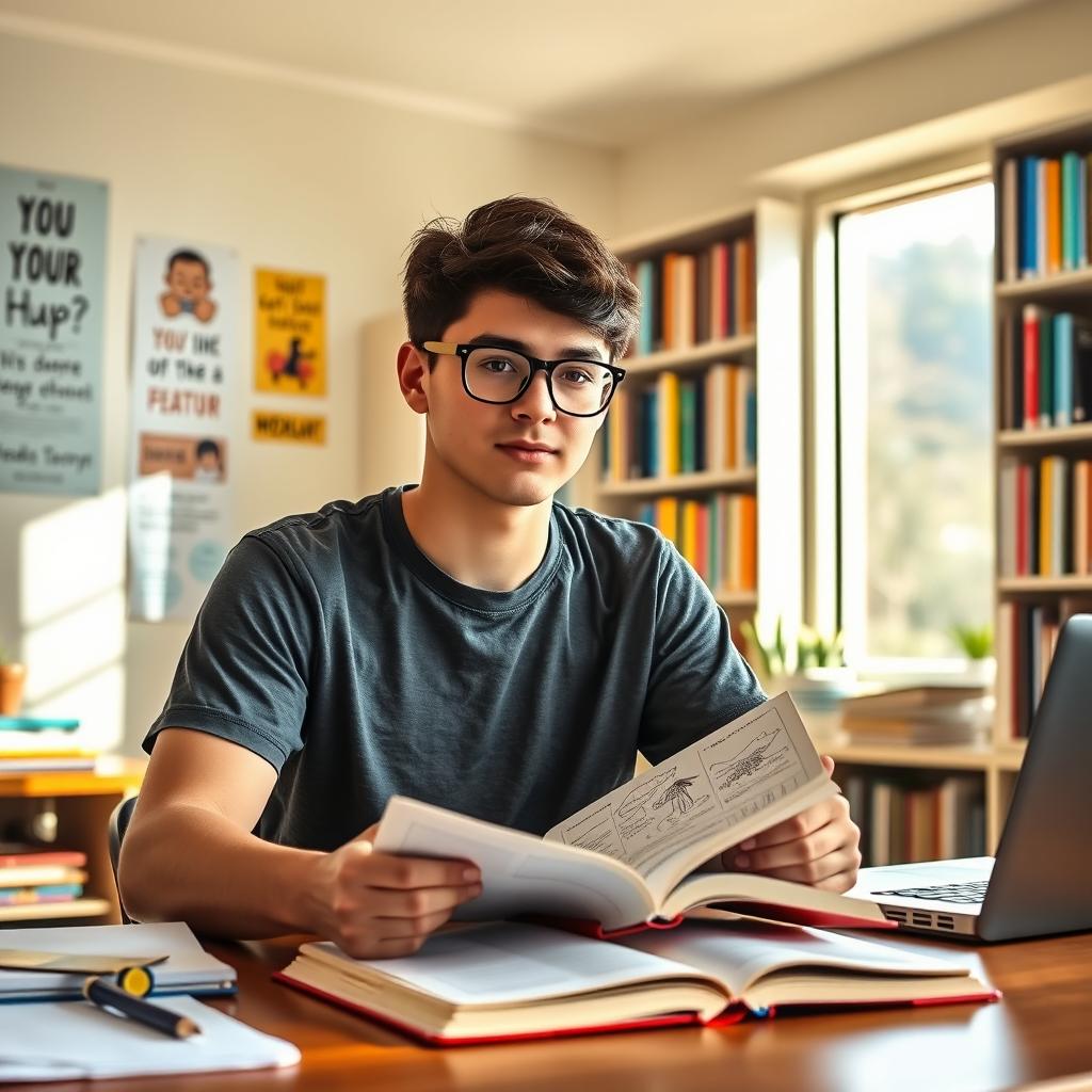 A focused student sitting at a desk, holding an open book with illustrations