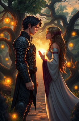 A romantic scene depicting two characters from a fantasy world, inspired by 'The Tales of Torchlight', standing at the intersection of two mysterious paths in a lush, enchanted forest
