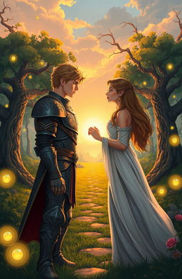 A romantic scene depicting two characters from a fantasy world, inspired by 'The Tales of Torchlight', standing at the intersection of two mysterious paths in a lush, enchanted forest
