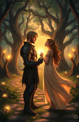 A romantic scene depicting two characters from a fantasy world, inspired by 'The Tales of Torchlight', standing at the intersection of two mysterious paths in a lush, enchanted forest