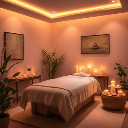 A serene and dreamlike massage room, beautifully decorated with soft, warm lighting that creates a tranquil atmosphere