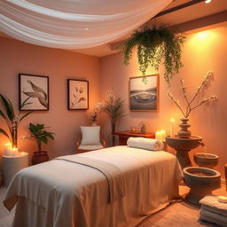 A serene and dreamlike massage room, beautifully decorated with soft, warm lighting that creates a tranquil atmosphere