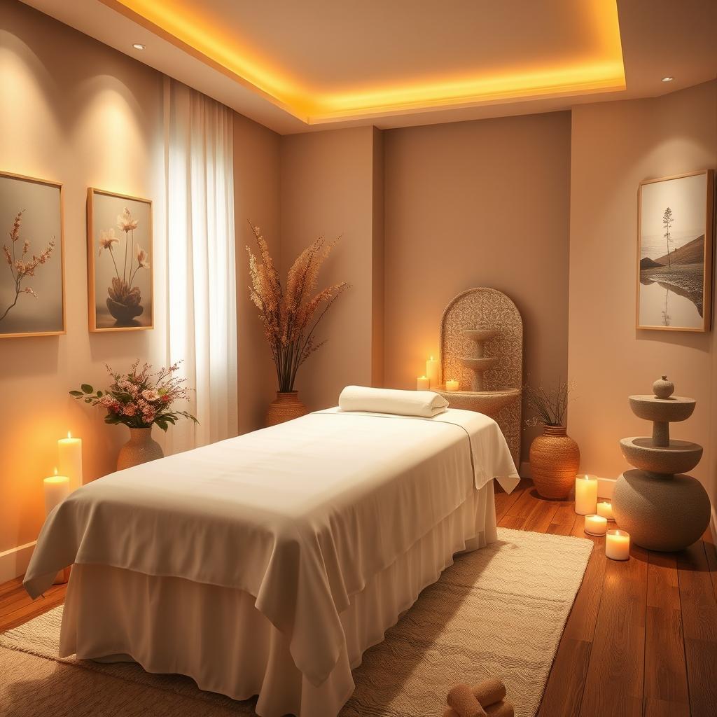 A serene and dreamlike massage room, beautifully decorated with soft, warm lighting that creates a tranquil atmosphere