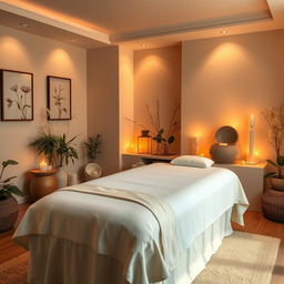 A serene and dreamlike massage room, beautifully decorated with soft, warm lighting that creates a tranquil atmosphere