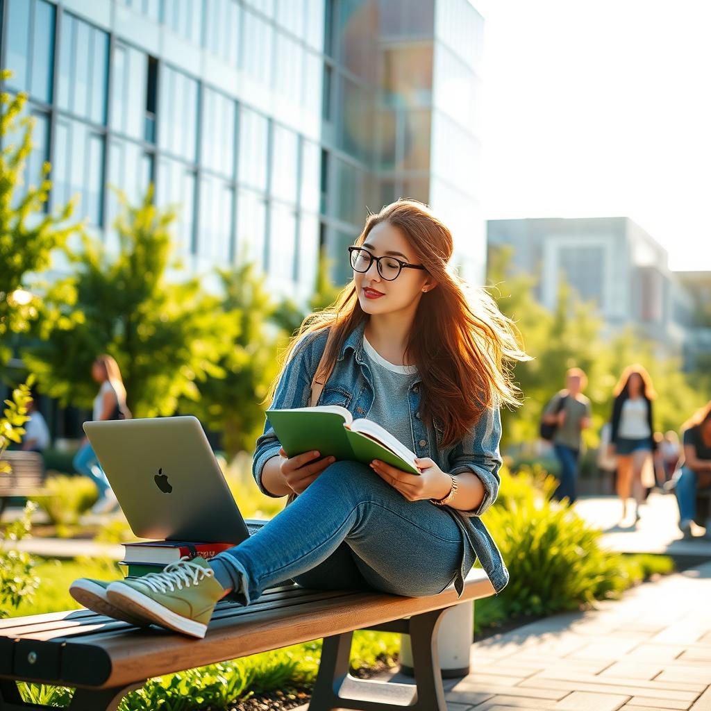 A vibrant scene of a university student sitting on a bench in a lively university campus, engaged in studying with textbooks and a laptop