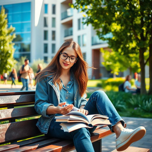 A vibrant scene of a university student sitting on a bench in a lively university campus, engaged in studying with textbooks and a laptop