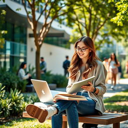 A vibrant scene of a university student sitting on a bench in a lively university campus, engaged in studying with textbooks and a laptop