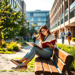 A vibrant scene of a university student sitting on a bench in a lively university campus, engaged in studying with textbooks and a laptop
