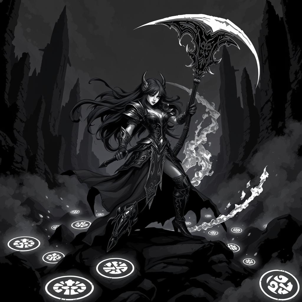A dark and moody pixel art scene in black and white, inspired by the art style of Hades 2