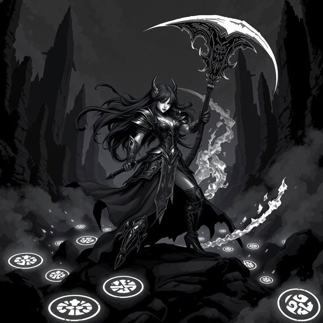 A dark and moody pixel art scene in black and white, inspired by the art style of Hades 2