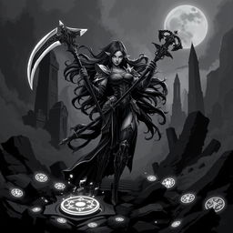 A dark and moody pixel art scene in black and white, inspired by the art style of Hades 2
