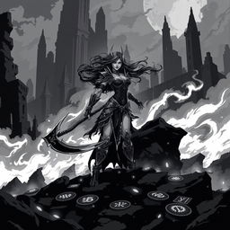 A dark and moody pixel art scene in black and white, inspired by the art style of Hades 2