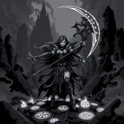 A dark and moody pixel art scene in black and white, inspired by the art style of Hades 2