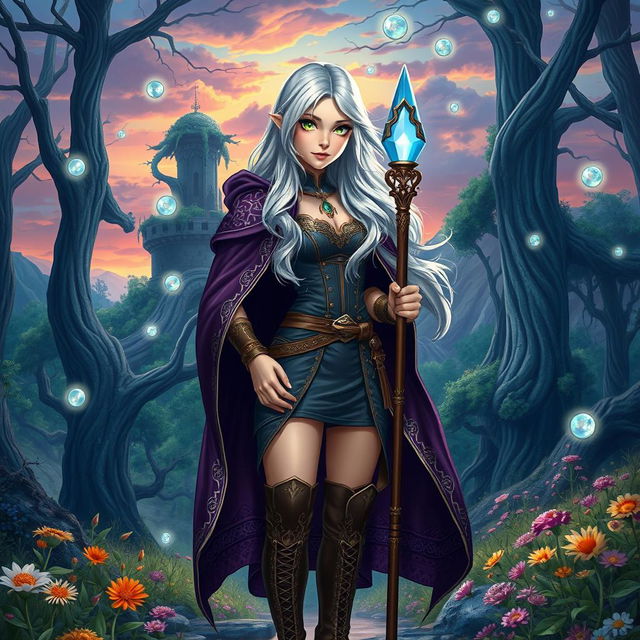 A captivating fantasy book cover featuring a 17-year-old female character standing confidently in a magical forest