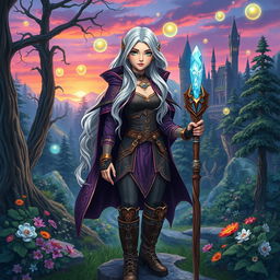 A captivating fantasy book cover featuring a 17-year-old female character standing confidently in a magical forest