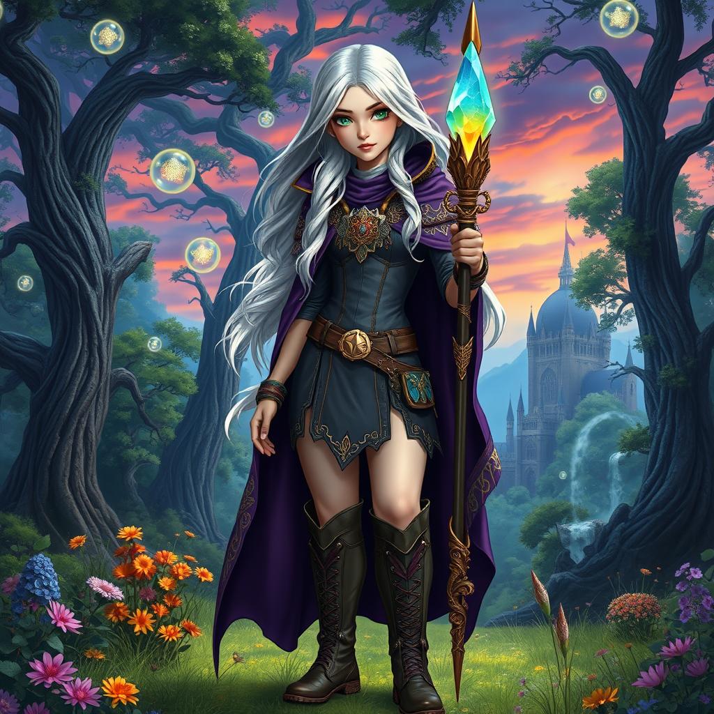 A captivating fantasy book cover featuring a 17-year-old female character standing confidently in a magical forest