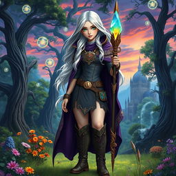 A captivating fantasy book cover featuring a 17-year-old female character standing confidently in a magical forest