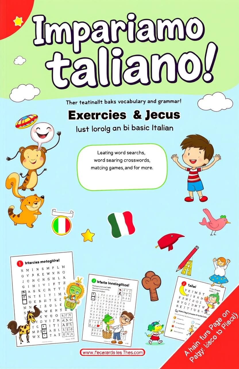 A colorful Italian exercise book designed for children, featuring engaging illustrations and fun activities that teach basic Italian vocabulary and grammar