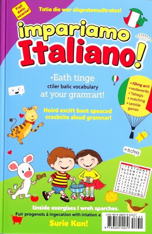 A colorful Italian exercise book designed for children, featuring engaging illustrations and fun activities that teach basic Italian vocabulary and grammar