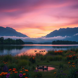 A serene landscape during twilight showcasing a calm lake surrounded by lush green trees and vibrant wildflowers