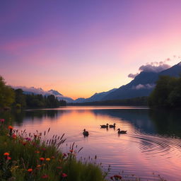 A serene landscape during twilight showcasing a calm lake surrounded by lush green trees and vibrant wildflowers