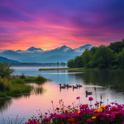 A serene landscape during twilight showcasing a calm lake surrounded by lush green trees and vibrant wildflowers