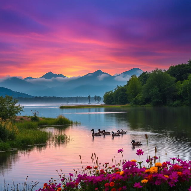 A serene landscape during twilight showcasing a calm lake surrounded by lush green trees and vibrant wildflowers