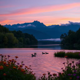 A serene landscape during twilight showcasing a calm lake surrounded by lush green trees and vibrant wildflowers