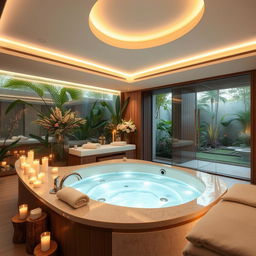 A dreamlike massage room featuring an elegant jacuzzi surrounded by glowing soft lights