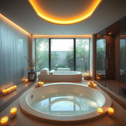 A dreamlike massage room featuring an elegant jacuzzi surrounded by glowing soft lights