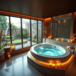 A dreamlike massage room featuring an elegant jacuzzi surrounded by glowing soft lights