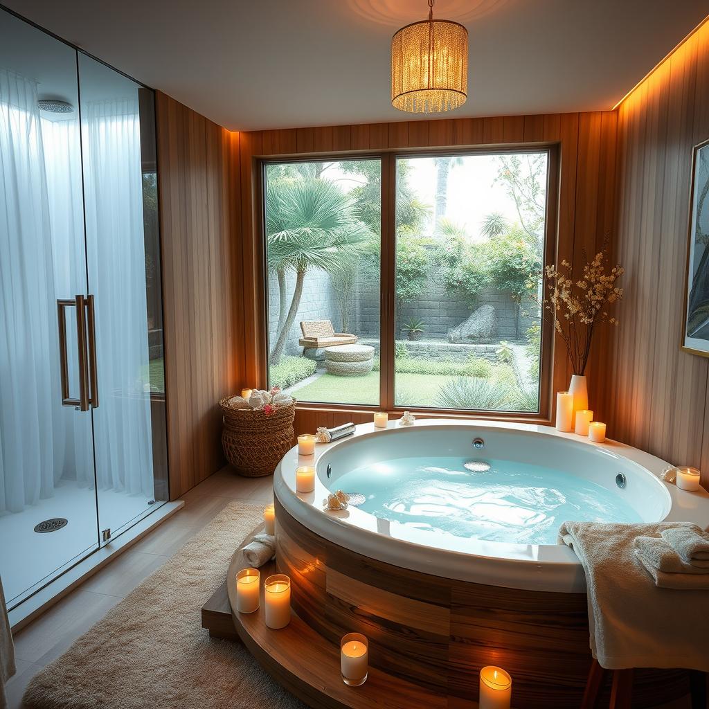 A dreamlike massage room featuring an elegant jacuzzi surrounded by glowing soft lights