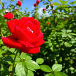 A vibrant red rose in full bloom, its petals delicately unfurling with dew droplets glistening in the sunlight