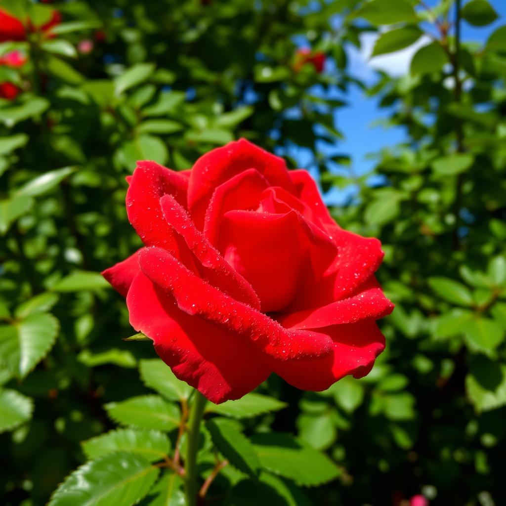 A vibrant red rose in full bloom, its petals delicately unfurling with dew droplets glistening in the sunlight