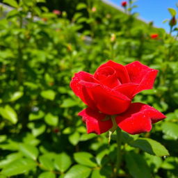 A vibrant red rose in full bloom, its petals delicately unfurling with dew droplets glistening in the sunlight