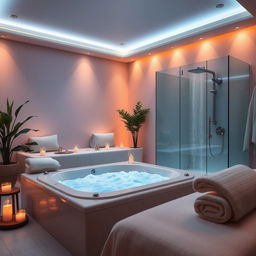A dreamy massage room featuring a luxurious jacuzzi and a beautiful glass shower, with soft ambient lighting and soothing decor