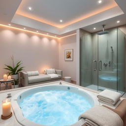 A dreamy massage room featuring a luxurious jacuzzi and a beautiful glass shower, with soft ambient lighting and soothing decor