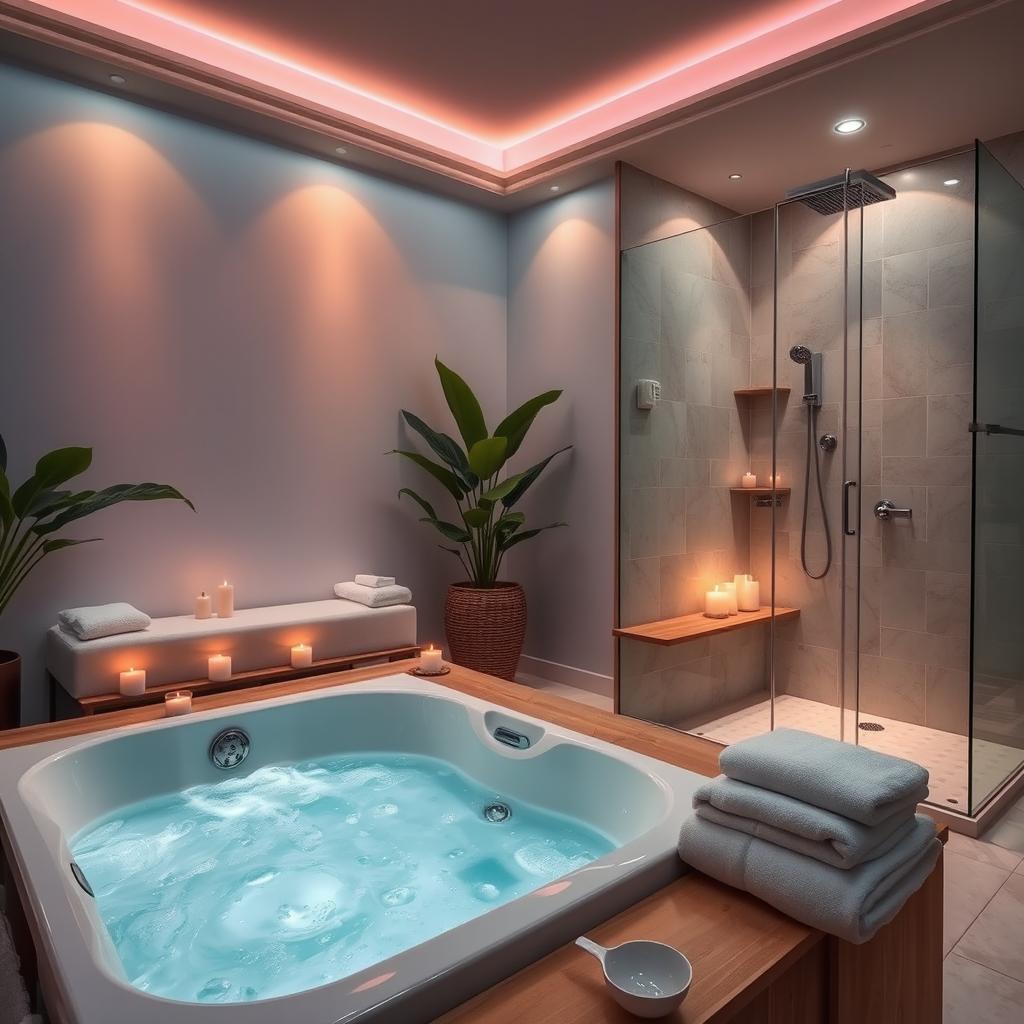 A dreamy massage room featuring a luxurious jacuzzi and a beautiful glass shower, with soft ambient lighting and soothing decor