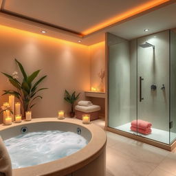 A dreamy massage room featuring a luxurious jacuzzi and a beautiful glass shower, with soft ambient lighting and soothing decor