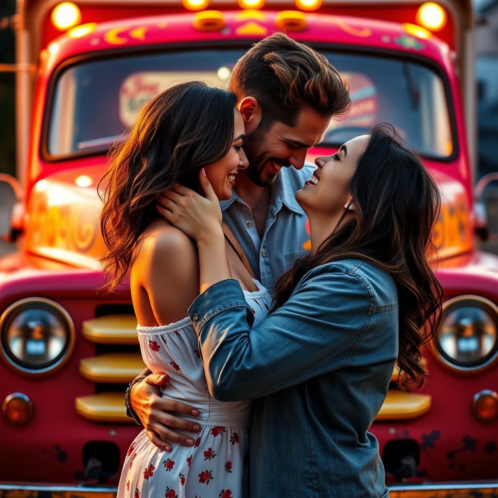 A passionate couple sharing an intimate moment, surrounded by the backdrop of a vibrant, colorful truck