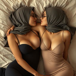 A sensual and intimate scene featuring two young women wearing hijabs and glasses, who have prominent breasts and are dressed in figure-hugging evening gowns with deep necklines