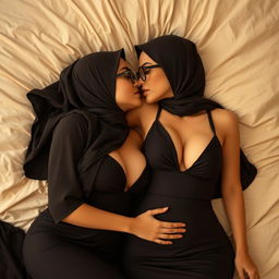 A sensual and intimate scene featuring two young women wearing hijabs and glasses, who have prominent breasts and are dressed in figure-hugging evening gowns with deep necklines