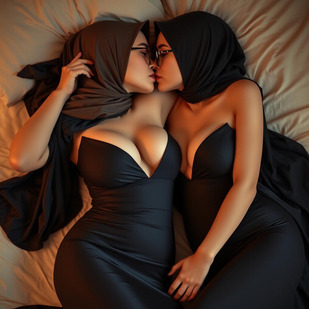 A sensual and intimate scene featuring two young women wearing hijabs and glasses, who have prominent breasts and are dressed in figure-hugging evening gowns with deep necklines