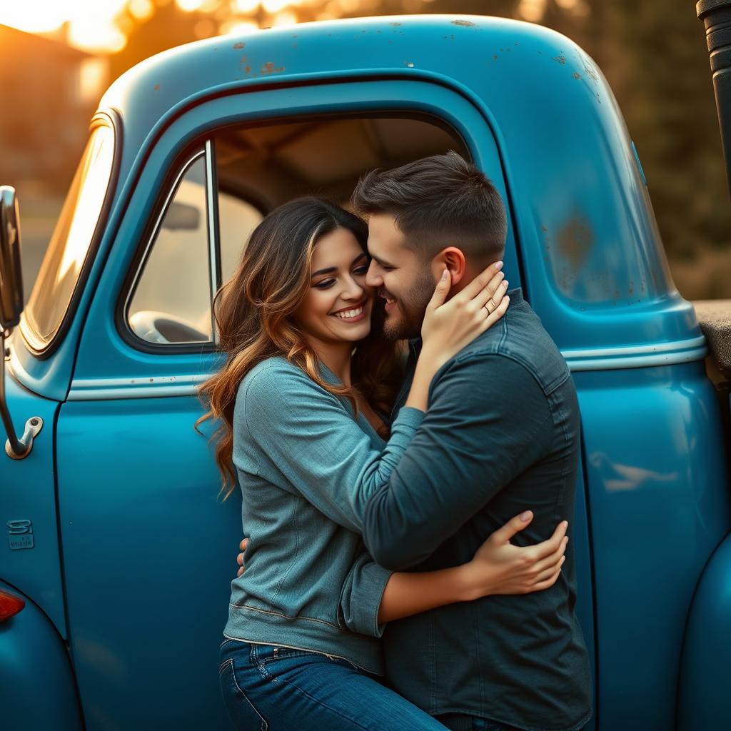A passionate couple embracing each other inside a blue truck, radiating joy and intimacy