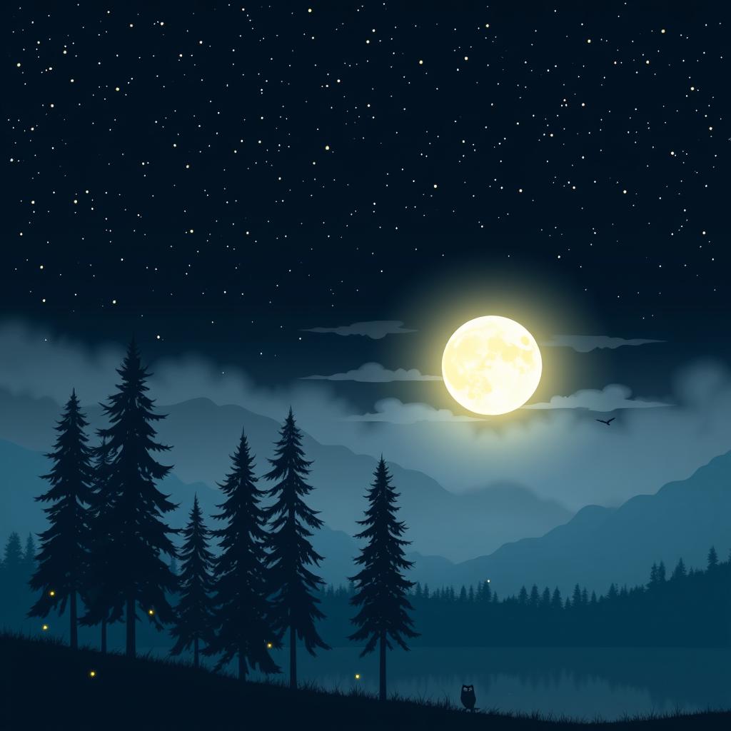 A serene midnight scene, showcasing a starry sky filled with twinkling stars, a glowing moon casting soft light over a quiet forest clearing
