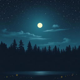 A serene midnight scene, showcasing a starry sky filled with twinkling stars, a glowing moon casting soft light over a quiet forest clearing