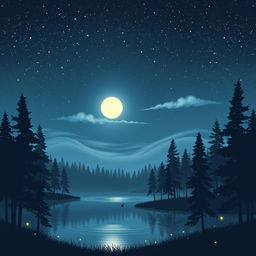 A serene midnight scene, showcasing a starry sky filled with twinkling stars, a glowing moon casting soft light over a quiet forest clearing