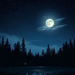 A serene midnight scene, showcasing a starry sky filled with twinkling stars, a glowing moon casting soft light over a quiet forest clearing