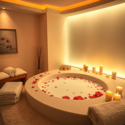 A dreamy massage room featuring a luxurious jacuzzi filled with milk, surrounded by beautiful flowers